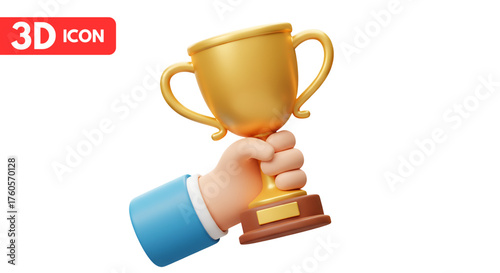 3d trophy cup in hand for victory concept PNG