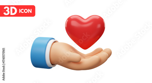 3d hand holding red heart icon on white PNG