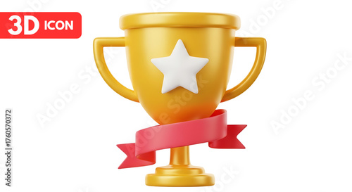 3d gold trophy icon with ribbon for award PNG