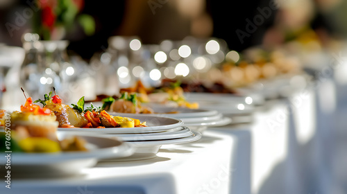 Elegant buffet line with plated appetizers, ideal for weddings, banquets, or upscale events, offering a visually appealing and delectable culinary experience. #catering #eventfood
