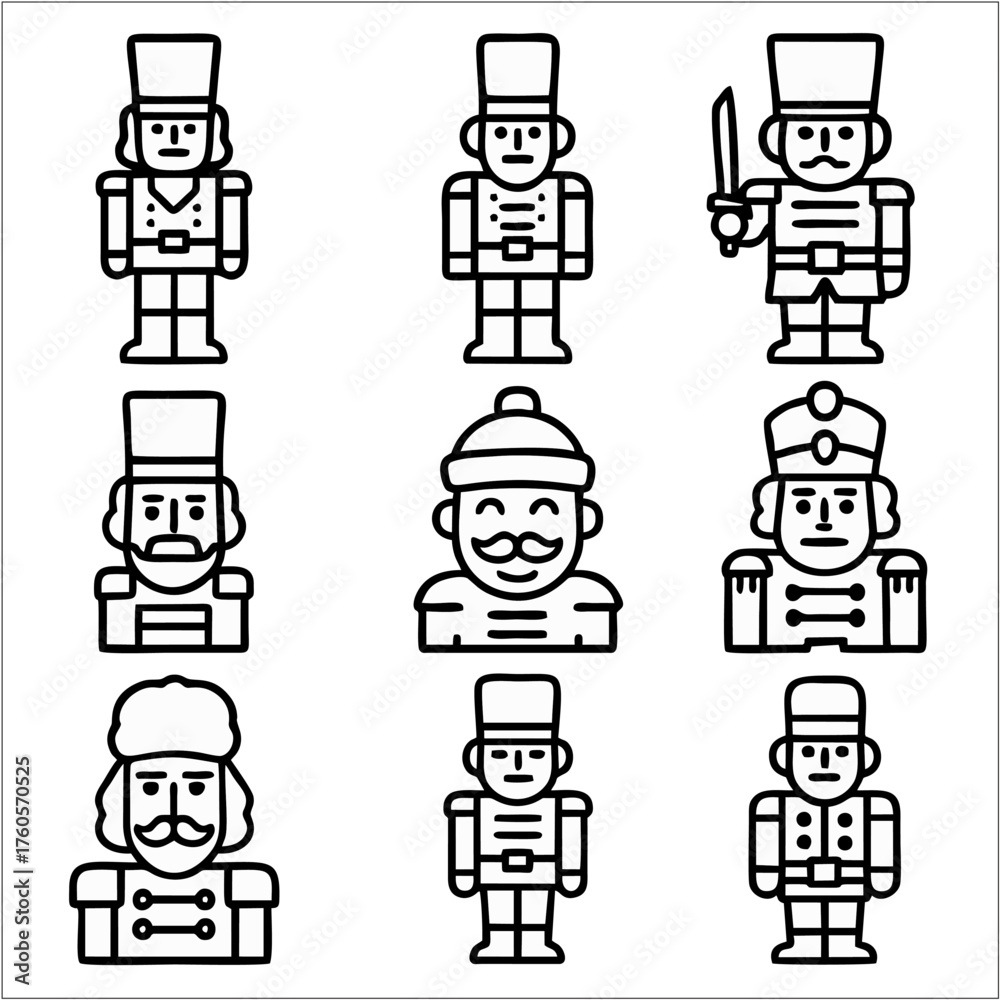 Fototapeta premium Nutcracker Doll Icons, Christmas Soldier Vector, Bold Outline Set