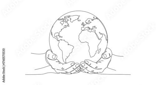 Continuous one line drawing of human hands holding planet Earth, a symbol of global care, environmental conservation, and unity