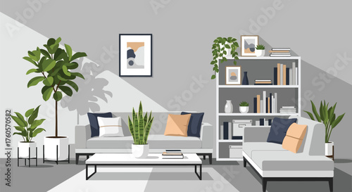 Modern living space with gray sofa and greenery showcases a calm, inviting interior for relaxation and creative inspiration in a minimalist home