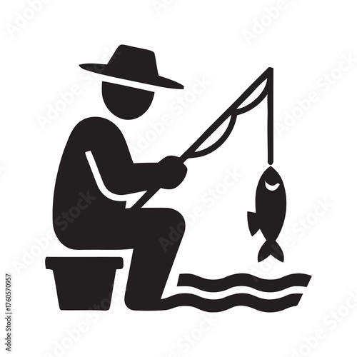 Fisherman with fishing rod and bucket catching a fish representing recreational hobby and outdoor sport activity on a river or lake shore
