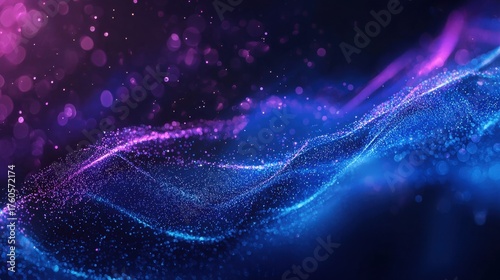 A creative illustration of vibrant waves of light in pink and blue hues, creating a mesmerizing abstract background filled with scattered particles.