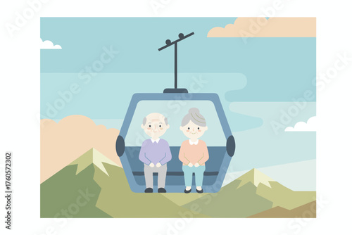 Happy elderly couple enjoying mountain view from a cable car symbolizing travel and retirement