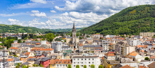 Foto Panoramic view over the historic city center and surrounding landsape of Lourdes