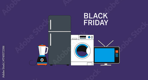 Black Friday sale graphic showing major home appliances fridge washer TV and blender