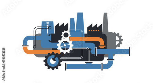 Complex industrial process illustration with pipes gears and factories