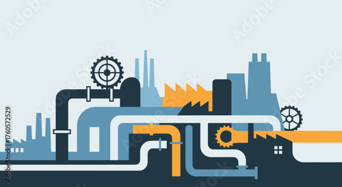 Abstract industrial illustration factory silhouettes pipes and gears