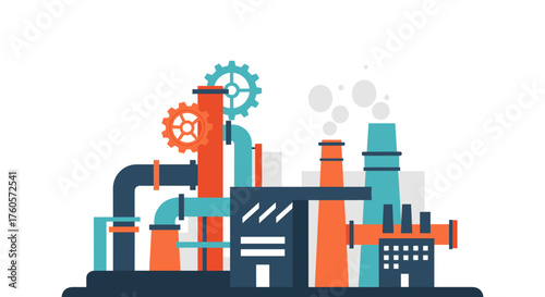 Modern factory production illustration with pipes gears and smoke stacks symbolizing industry and manufacturing