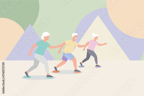 Joyful seniors doing group exercise embracing healthy and active aging