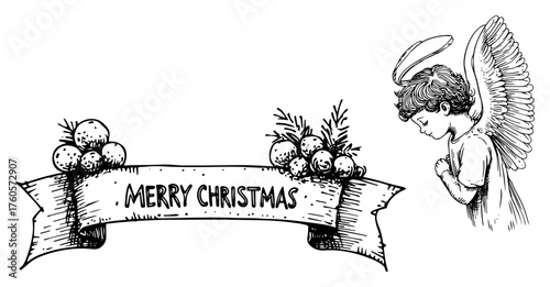 Merry Christmas banner and praying angel vector set. Hand drawn vintage holiday sketch with cherub and ribbon illustration.
