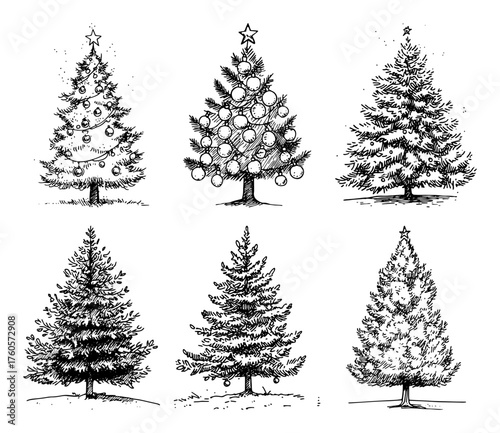 Christmas tree sketch vector set. Hand drawn collection of decorated and natural fir trees, vintage holiday icons.