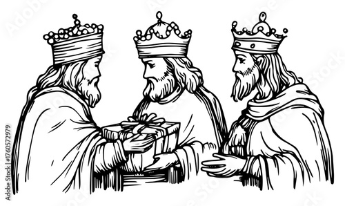 Three Wise Men, the Magi. Biblical illustration of the Three Kings from the Christmas nativity story. Vector line art.