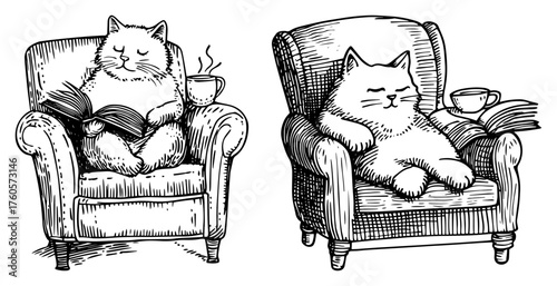 Set of two cozy cats relaxing in armchair. Cute cat character reading book and sleeping. Hand-drawn vintage style vector illustration.