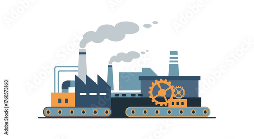 Flat design factory structure with gears chimneys and smog Industry production and environmental concept