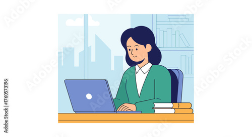 Smiling professional woman working on a laptop in an office Modern business and finance illustration