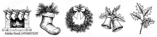 Hand-Drawn Christmas Decor Icons – Black Vector Fireplace, Stocking, Wreath, Bells, Holly