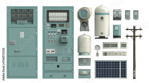 Detailed Collection of Vintage Electrical Equipment and Accessories on Transparent Background