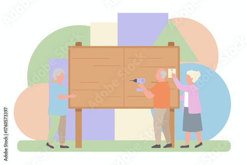 Seniors actively working together on a community bulletin board fostering collaboration and engagement