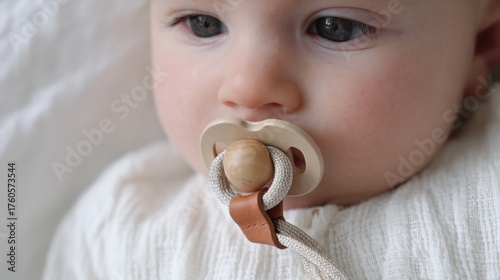 Close-up of a baby's face. the baby is wearing a white onesie and has a pacifier in their mouth. the pacifier is made of a light-colored material and has two wooden beads attached to it.