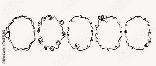 Vector art of collection of five handdrawn decorative circular frames with floral and bow elements, isolated on a light background