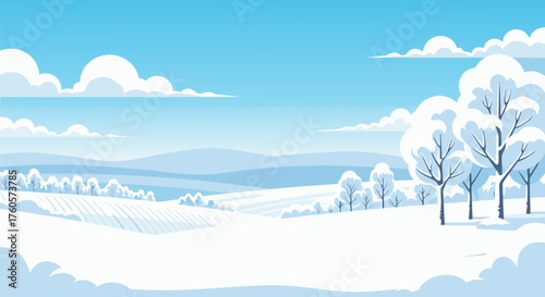 Vector illustration of a scenic winter landscape with snow-covered trees, fields, and hills under a light blue sky d