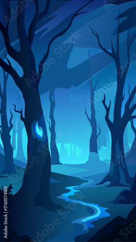 Mysterious dark forest with a glowing blue fire in a tree hollow