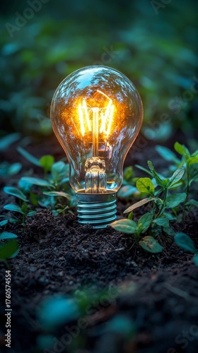 Glowing Light Bulb in Soil with Seedlings, Symbolizing Renewable Energy, Sustainable Growth, and Environmental Innovation
