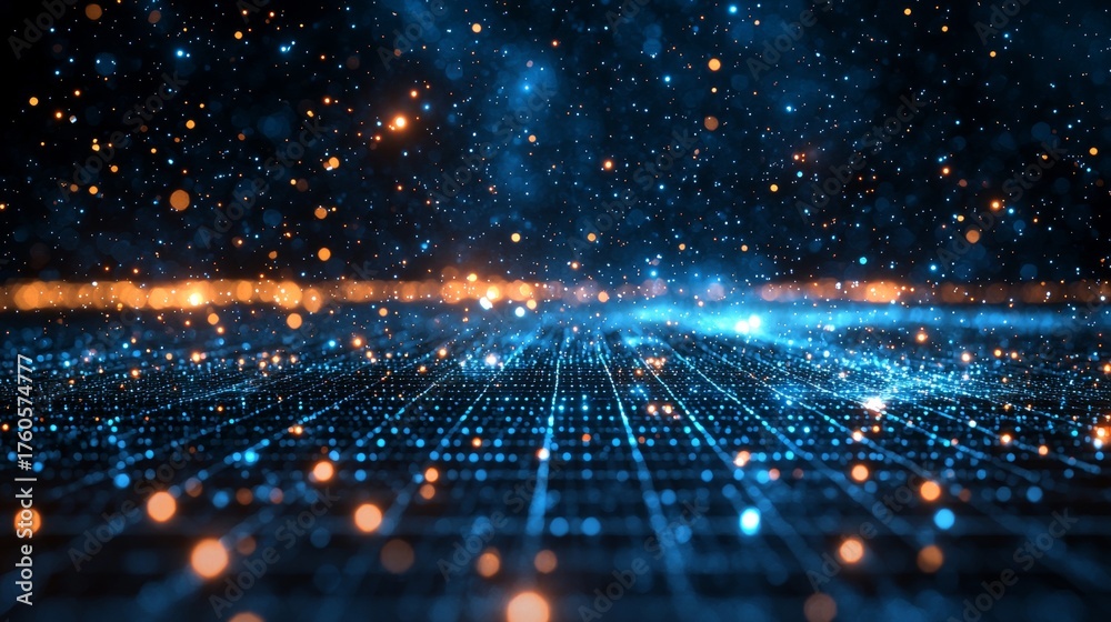 Obraz premium Abstract Digital Data Grid with Glowing Orange and Blue Particles, Futuristic Technology Background, Artificial Intelligence, Big Data Visualization