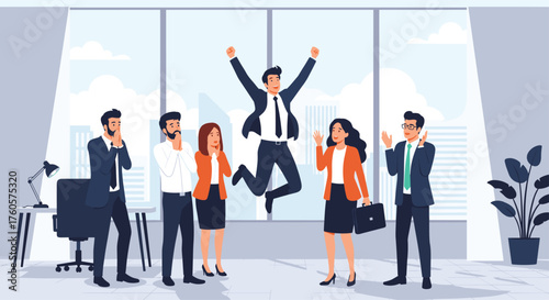 A team celebrates a successful business accomplishment with a joyful jump.