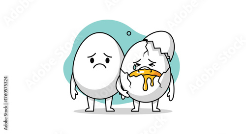 Two sad eggs one broken and dripping yolk.