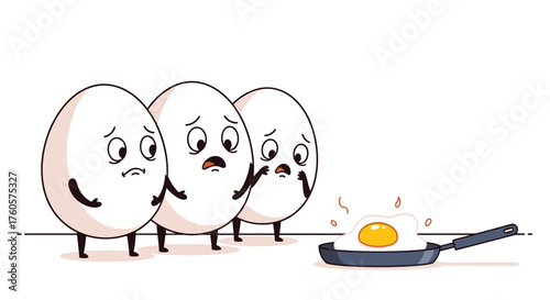 Three concerned eggs watch a fried egg sizzle in a pan.