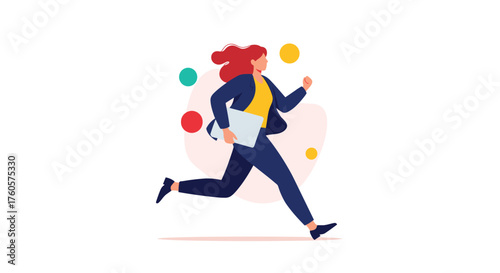 A woman in a suit running with a laptop and colorful circles in the background.