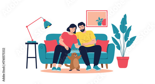 A young couple cuddles their pet groundhog on the sofa while relaxing at home.