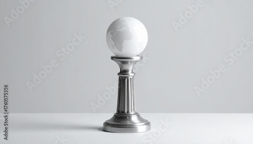 Metallic chess pawn with a globe-shaped head on white surface, symbolizing global strategy and international significance.