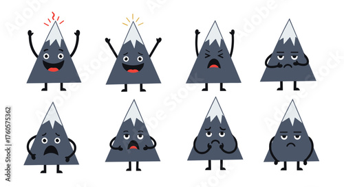 A collection of illustrated mountains expressing a variety of emotions and moods.