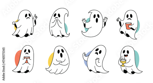 A collection of adorable and spooky cartoon ghosts having fun.
