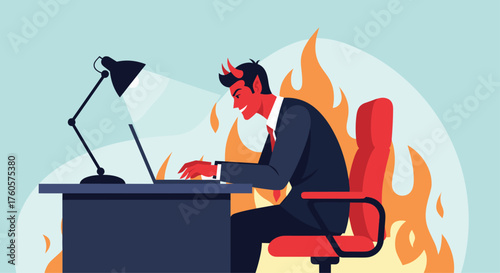 Devil in a suit working on a laptop in a fiery office.