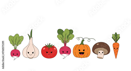 Cute smiling vegetables and mushroom characters on white background.