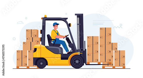 A forklift operator moves boxes in a warehouse.