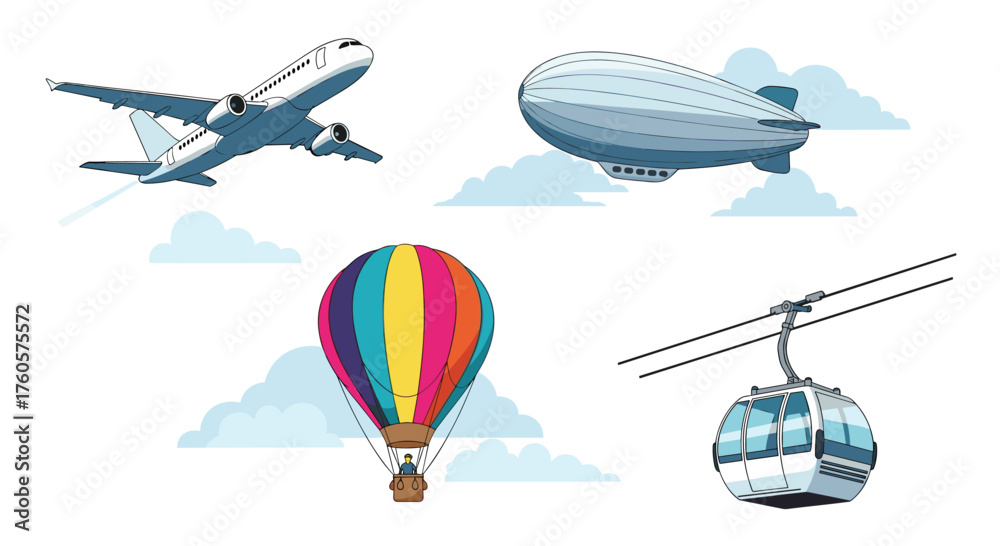 Obraz premium Various types of air travel vehicles and transportation.