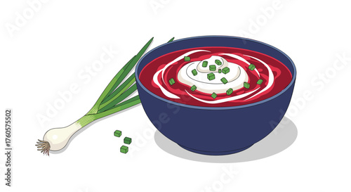 A vibrant bowl of borscht topped with sour cream and chives with a fresh green onion beside it.