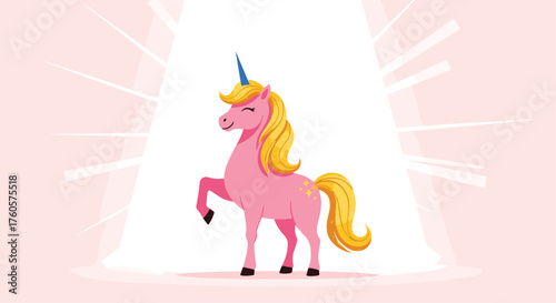 A magical pink unicorn stands in a spotlight with bright rays.