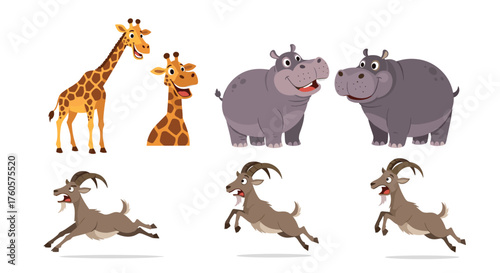Cute cartoon giraffes hippos and goats in various poses.