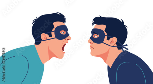 Two men wearing masks are arguing intensely during a confrontation.