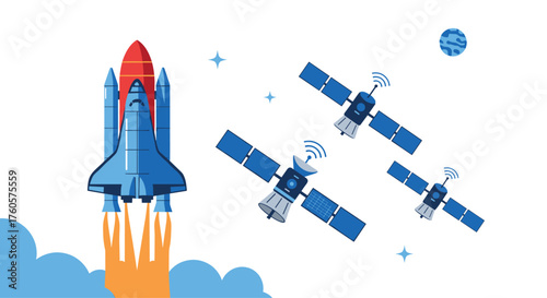 Space shuttle launching into orbit with satellites nearby.