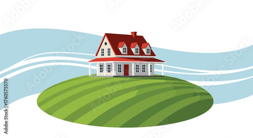 Illustration of a detached house on a hill with gentle wavy lines in the background.