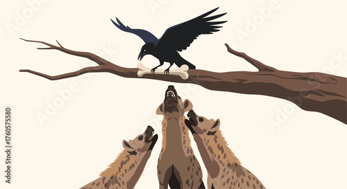 A raven perched on a branch with bones while hyenas howl below.